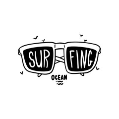 Surfing logo, hand drawn design element with sunglasses can be used for surf club, shop, clothes print, emblem, badge, label, flyer, poster vector Illustration