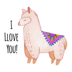 Llama and alpaca collection of cute hand drawn watercolor illustrations, cards and design for nursery design, poster, greeting card. Llamas or alpacas clip-art. Cute animals watercolor illustration.