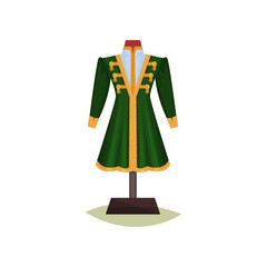 Medieval European male clothing. Green coat with yellow buttons. Jacket on mannequin. Museum exhibit. Flat vector design