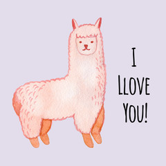 Llama and alpaca collection of cute hand drawn watercolor illustrations, cards and design for nursery design, poster, greeting card. Llamas or alpacas clip-art. Cute animals watercolor illustration.