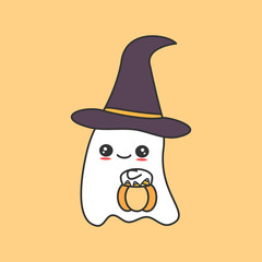 cute cartoon ghost with pumpkin funny vector halloween illustration