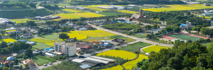 Arial view of the Yeonpung-myeon city in South Korea  among high mountain.