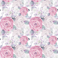 Watercolor illustration seamless pattern. Roses mixed background. Romantic wallpaper.