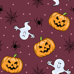 halloween seamless background with pumpkins, spiders and ghosts