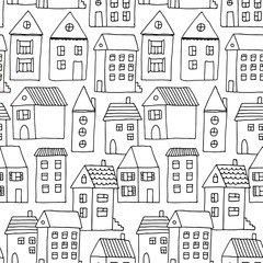 Hand drawn seamless pattern with doodle houses, vector background with cartoon town