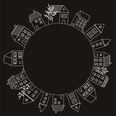 Decorative frame with hand drawn houses, cartoon vector town with floral elements