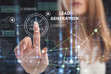 The concept of business, technology, the Internet and the network. A young entrepreneur working on a virtual screen of the future and sees the inscription: Lead generation