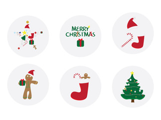 Set of 6 round Christmas cards. Circle Merry Christmas card with vector illustrations. Christmas gifts tags