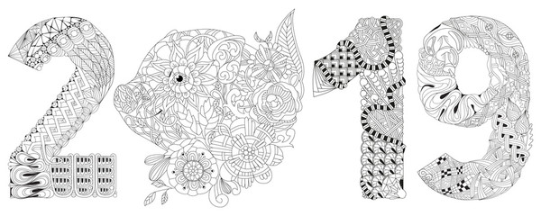 Piggy coloring book with number 2019 for adults vector