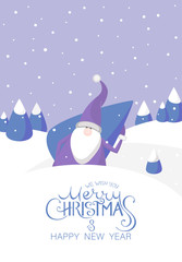 Fototapeta na wymiar Christmas and Happy New Year poster with cartoon Santa Claus.