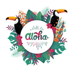 Tropical banner design template. Tropical leaf and Toucan birds. Aloha poster template. Jungle exotic leaf and flower on bright blue background. Vector illustration