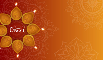 Orange gradient Happy Diwali background with oil lamps.