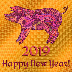 Hand drawn zentangle ornate pig. Decorative vector design for coloring books, art therapy, antistress, 2019 new year and christmas greeting cards.