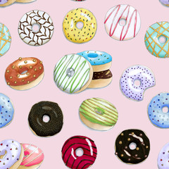 Seamless pattern with the hand painted colorful donuts on a pink background