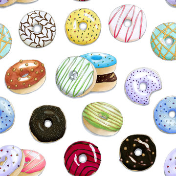 Seamless pattern with the hand painted colorful donuts