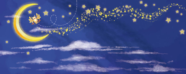 Obraz na płótnie Canvas Mondsichel und fliegende Eule vor Nachthimmel mit Sternen
