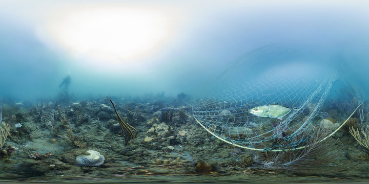 The ocean problem with ghost nets fishing, underwater photo 360 