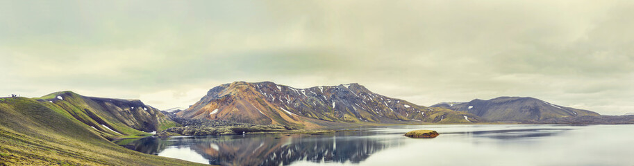panoramic view of a lake of volcanic origin in the wild Landmannalaugar