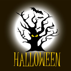 Halloween tree with eyes on the dark background with bats