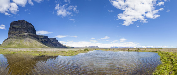 panoramic view of a desert plain with a small lake