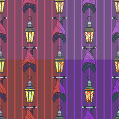 Bat and lantern pattern. Vector illustration of a seamless pattern which depicts bats and lanterns. In the fale is four options 4 coloring. © promtorg