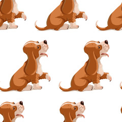 Vector seamless pattern with puppy. Hand drawn illustration with basset hound isolated on white background. Color texture with cute dogs