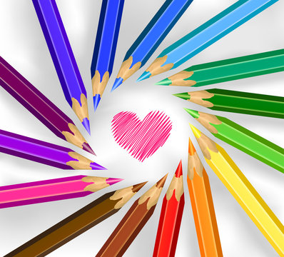 Colored pencils in a circle with heart