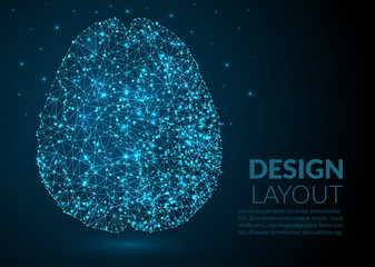 Abstract Illustration of human brain created of lines dots and lights on a dark background - abstract space and stars - futuristic polygonal wireframe design