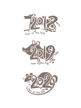 Rat 2020. Pig 2019. Dog 2018. Flat monochrome symbols of the years on the Chinese calendar. Vector template handwritten figures. 