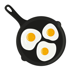 3 fried eggs in a frying pan isolated on white background. Yummy breakfast. Vector hand drawn illustration.