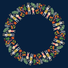Christmas Hand Drawn Wreath with Round Frame for Cards Design Vector Layout with Copyspace Can be use for Decorative Kit, Invitations, Greeting Cards, Blogs, Posters, Merry X’mas and Happy New Year.