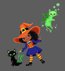 Cute witch turns a black cat into a dragon.