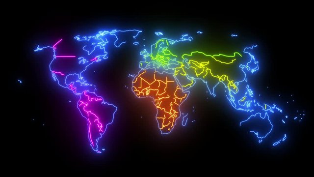 Neon map of the world with countries and continents 