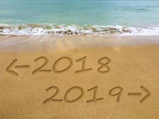 2018 and 2019 written in the sand on a beautiful Brazilian beach.