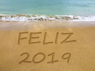 Happy 2019 written in the sand on a beautiful Brazilian beach (translation portuguese: Happy).