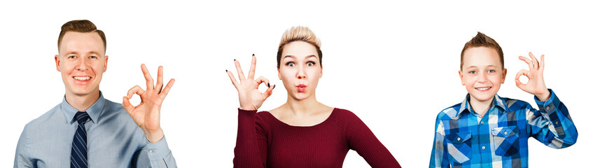 Obraz premium Set of portraits of young people showing ok sign isolated on a white background.