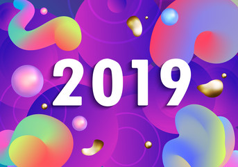 Modern  Happy new year card for 2019 with Liquid color background design. Vector illustration