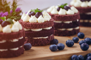 Row of four brown cakes with blue berry on top placing together pink flower and berry as decorated item on the wooden plate