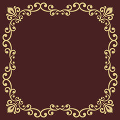 Classic vector square frame with arabesques and orient golden elements. Abstract ornament with place for text. Vintage pattern