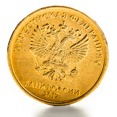 New ten Russian rubles coin with Double-headed eagle, isolated on white