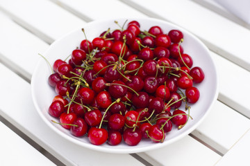 Fresh cherries during summer harvest inside white bowl on a white wooden table