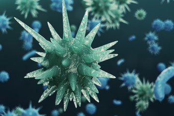Fototapeta premium 3D illustration Virus backgorund. Viruses influenza, hepatitis, AIDS, E. coli, colon bacillus. Concept of science and medicine, reducing immunity. Cell infected organism.