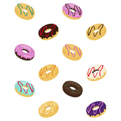 various doughnuts (donuts) vector mix of multicolored sprinkles for bakery menu design on background