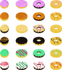 various doughnuts (donuts) vector mix of multicolored sprinkles for bakery menu design on background