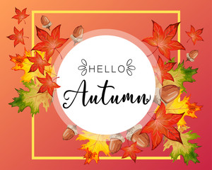 Hello Fall lettering in autumn decorative leaves frame.