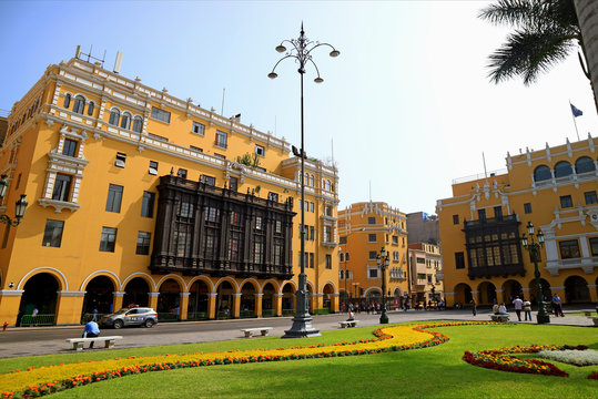 Stunning Colonial Buildings with Beautiful Garden on Plaza Mayor in Lima of Peru 