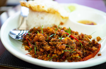 Thai food Fried rice with chili, fish and egg.