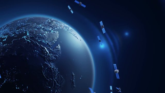 Animation of rotating Earth globe with view from cosmos. Realistic texture and lights on Globe surface. Satellites, lines and light beams. Animation of seamless loop.