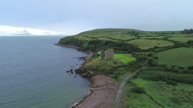 Aerial view of the Minard Castle situated on the Dingle Peninsula in Ireland
