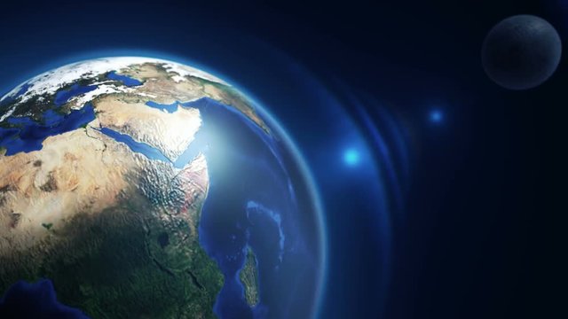 Animation of rotating Earth globe with view from cosmos. Realistic texture and lights on Globe surface. Satellites, lines and light beams. Animation of seamless loop.